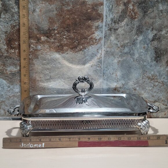 Silver Plated Rectangular Chafing Dish Glass Insert Decorative Scrollwork Accent - Picture 7 of 11